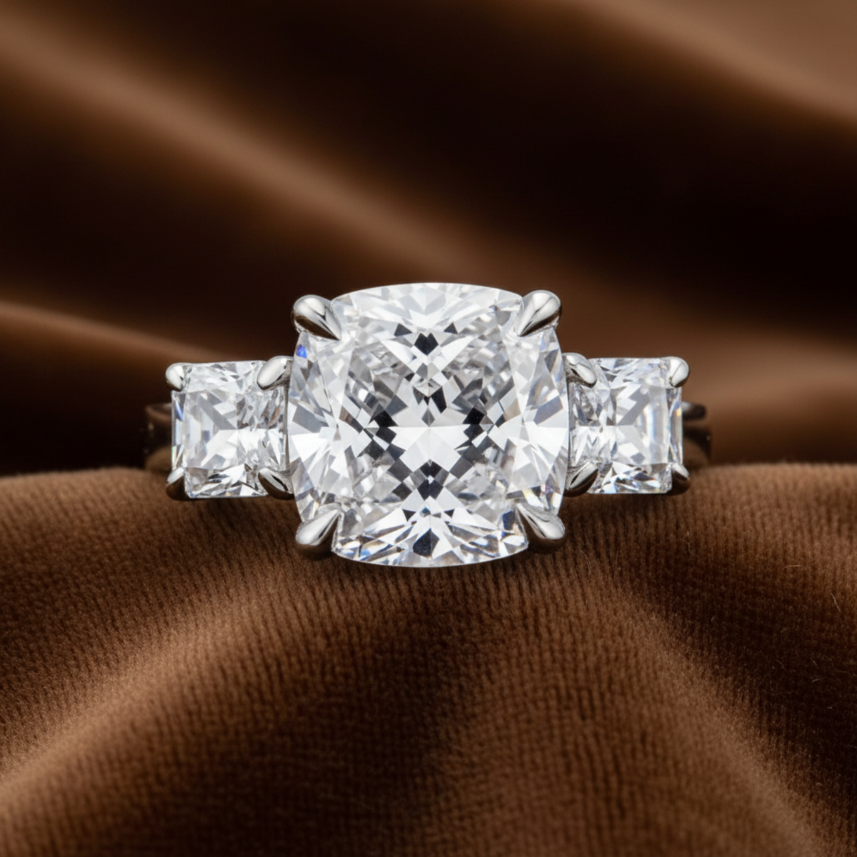 Three Stone Engagement Ring, 4 Carat Cushion Cut Diamond Ring, 925 Sterling Silver Wedding Ring, High Carbon Diamond Bridal Anniversary Ring