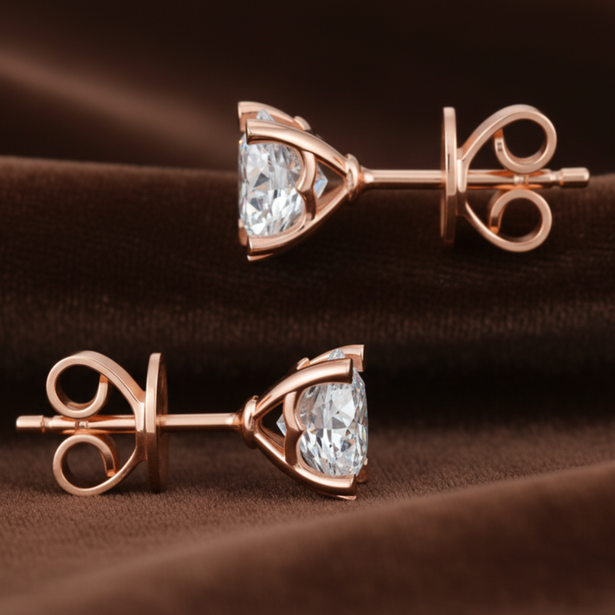Round Moissanite Heart Prong Stud Earrings Rose Gold - Silver Earrings
