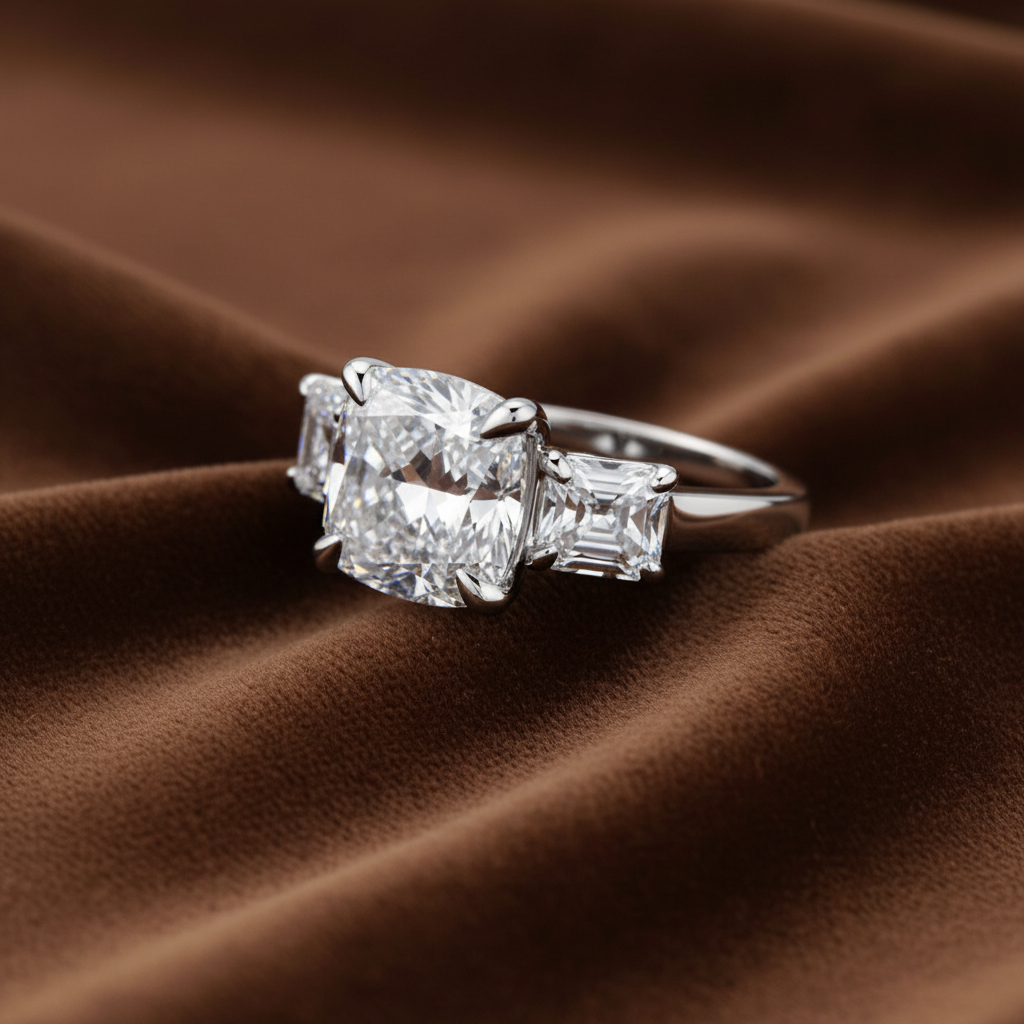 Three Stone Engagement Ring, 4 Carat Cushion Cut Diamond Ring, 925 Sterling Silver Wedding Ring, High Carbon Diamond Bridal Anniversary Ring
