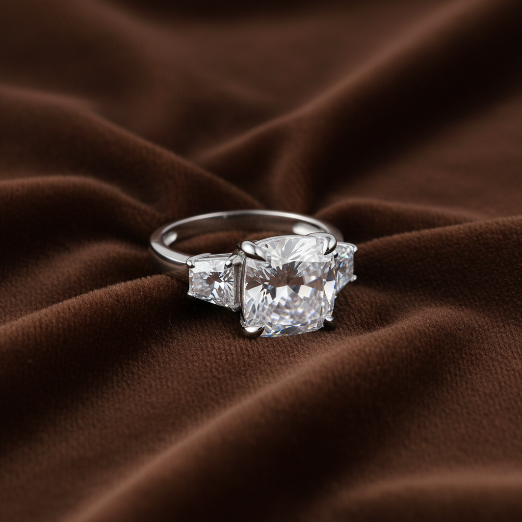 Three Stone Engagement Ring, 4 Carat Cushion Cut Diamond Ring, 925 Sterling Silver Wedding Ring, High Carbon Diamond Bridal Anniversary Ring