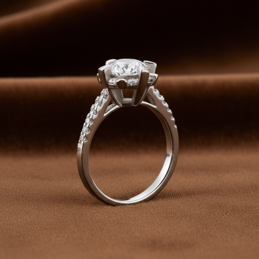 Flower Halo Engagement Ring, 1 Carat Round Cut Diamond Ring, Floral Halo Ring, 925 Sterling Silver Wedding Ring, High Carbon Diamond Bridal Ring