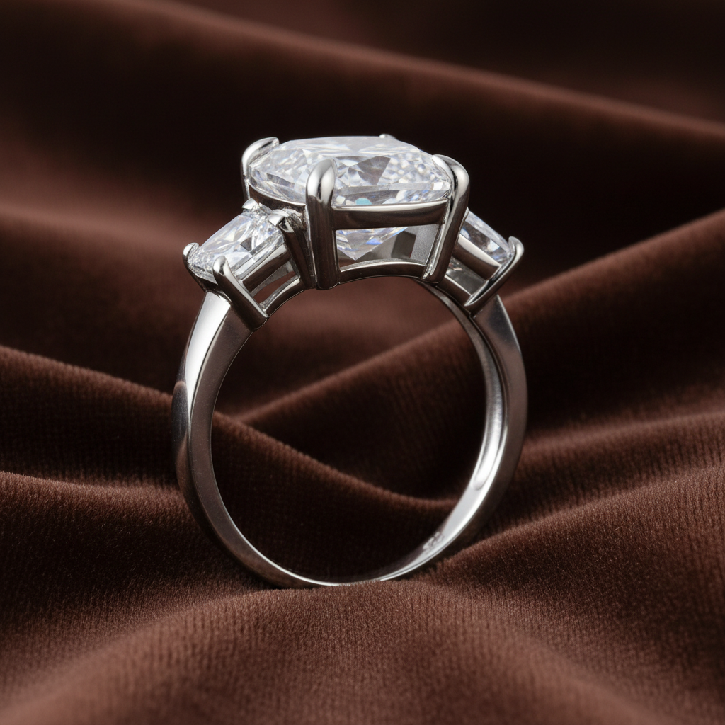 Three Stone Engagement Ring, 4 Carat Cushion Cut Diamond Ring, 925 Sterling Silver Wedding Ring, High Carbon Diamond Bridal Anniversary Ring