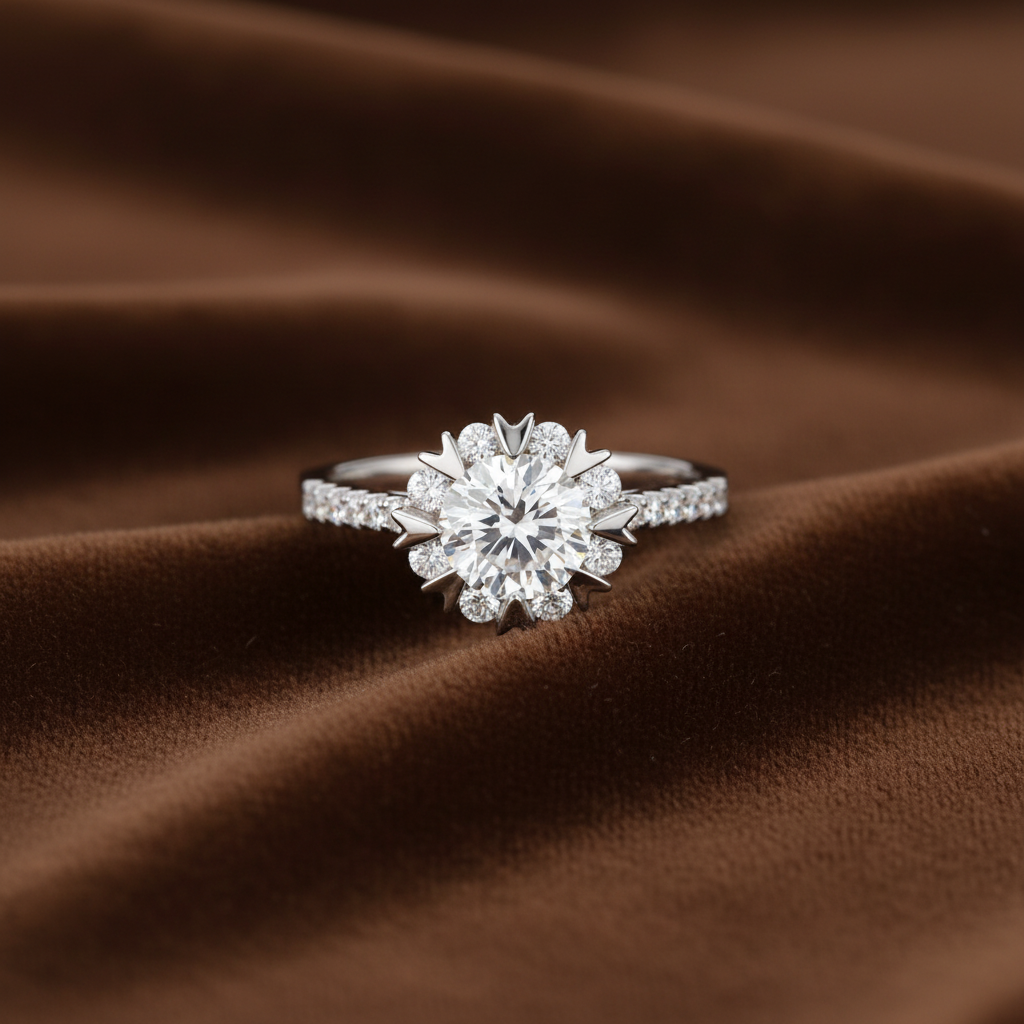 Flower Halo Engagement Ring, 1 Carat Round Cut Diamond Ring, Floral Halo Ring, 925 Sterling Silver Wedding Ring, High Carbon Diamond Bridal Ring